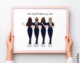 Lámina con retrato de amigas enfermeras, grupo de 4, ilustración personalizada, arte mural imprimible, descarga digital, regalo personalizado para compañeros del sector médico.
