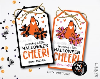 Printable Halloween Cheerleading Tags, Spreading A Little Cheer, Pom Poms Megaphone, Editable with Corjl