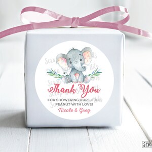 Aquarell Elefant-Babyparty-Aufkleber, rosa Ohr-Mädchen-Elefant Danke Aufkleber, personalisierte Bevorzugungsaufkleber oder Anhänger, gedruckt und versendet
