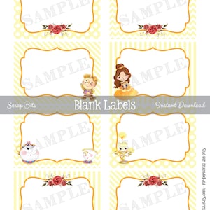 Belle & Friends Food Labels, Printable Belle Labels, Flat Blank Favor Tags, Princess Belle Party Decor, Place Cards . Instant Download