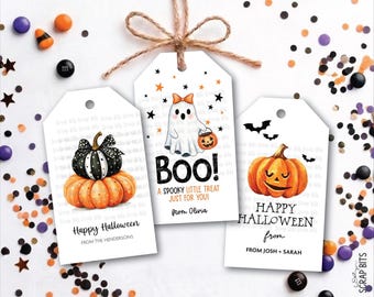 Halloween Treat Bag Tags, Stacked Pumpkins Ghost, Boo Basket Labels, Personalized Kids Party Favors