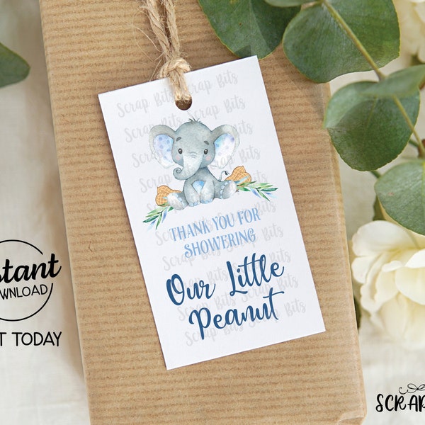 Elephant Baby Shower Tags, Thank You For Showering Our Little Peanut Tags, Blue . Printable Girl Baby Shower Tags, Instant Download