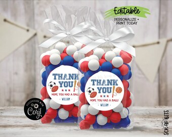 EDITABLE Sports Birthday Labels, Thank You Sports Stickers, Printable Sports Birthday Stickers . Personalized Printable Sticker Template