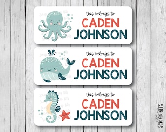 Etiquetas personalizadas con nombres, animales marinos, pulpo, ballena, caballito de mar para la escuela, libros, carpetas y cuadernos. Resistentes al agua o con acabado mate.