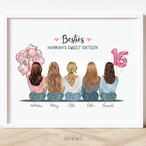 Besties Birthday Portrait Print, Custom Sweet 16 Gift, Girl Friends Sitting, Digital Printable Download