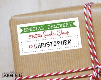 Christmas Gift Stickers, From Santa Special Delivery, Personalized To From Labels for Gift Wrapping