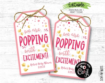 EDITABLE Baby Shower Tags, Pink Popping With Excitement Tags, Printable Baby Shower Gift Tags, Popping Bubbles Tags