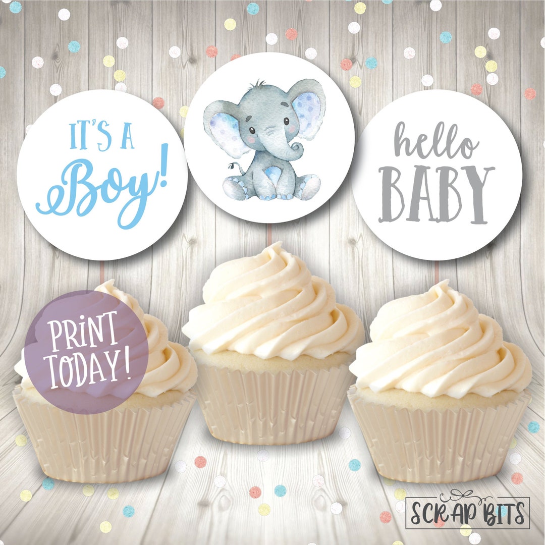 Printable Baby Shower Toppers, Watercolor Elephant Toppers, It's a Boy ...