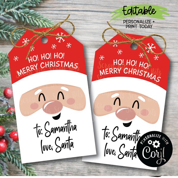 EDITABLE From Santa Tags, Personalized Christmas Tags, To From Tags, Printable Santa Tags, Close Up Santa Face Christmas Gift Tags