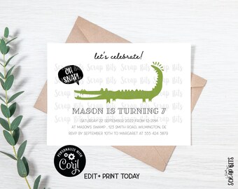 Printable Alligator Birthday Invitation, Personalized Minimal Crocodile Party Invite for Kids, Digital Invitation Editable Template
