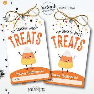 Cute Candy Corn Halloween Gift Tags, Kawaii No Tricks Just Treats Printable Halloween Treat Bag Tags, Halloween Tag Instant Download
