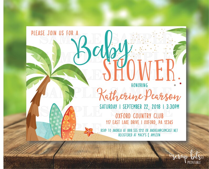 Watercolor Beach Theme Baby Shower Invitation Luau Printable Invite Palm Trees Surfboards Tropical