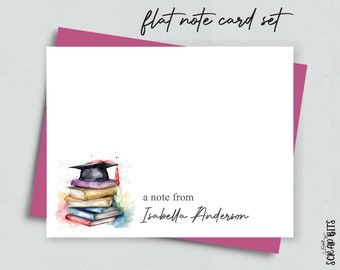 Graduation Note Card Set, Grad Cap Stacked Books Thank You Cards, Personalized Flat Note Cards, Stationery Set