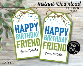 EDITABLE Printable Birthday Tags, Blue Green . Friend Birthday Tags, Birthday Friend Tags, Birthday Gift Tags