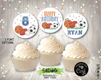 EDITABLE Sports Birthday Toppers, Printable Sports Toppers, Sports Cupcake Toppers, Personalized Sports Birthday Tags, Blue & Orange