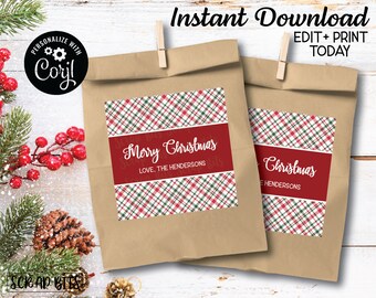 EDITABLE Printable Christmas Tags, Red Band Christmas Plaid Tags, Personalized Christmas Gift Tags