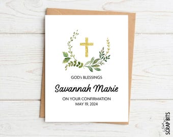Personalized Confirmation Card, Watercolor Eucalyptus Wreath Gold Cross, Religous Congratulations Card
