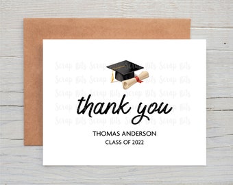 Personalized Graduation Thank You Card, Grad Cap + Diploma . Graduation Note Cards . Single or Set of 10