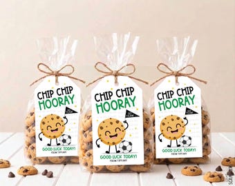 Soccer Game Day Cookie Tags, Chip Chip Hooray Go Team Flag, Personalized Chocolate Chip Good Luck Snack Labels