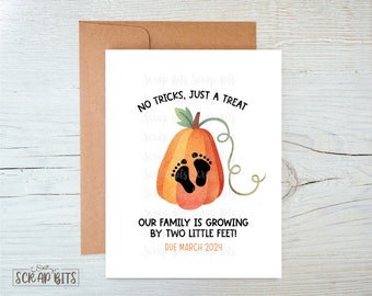 Halloween Pregnancy Reveal Card, Fall Baby Announcement, Watercolor Pumpkin Baby Feet, No Tricks Our Family Is Growing