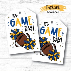 Fußball Spiel Tag Tags, Blau & Gold, druckbare Fußball Pom Poms Geschenkanhänger, Good Luck Treat Bag Tags. Sofort Download
