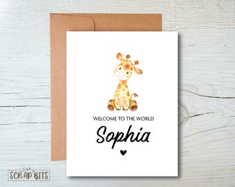 Giraffe Baby Shower Card, Welcome To The World, Personalized Congratulations Card