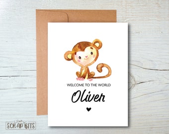 Monkey New Baby Card . Welcome To The World Baby Congratulations Card . Baby Shower Card . Personalized New Baby Card