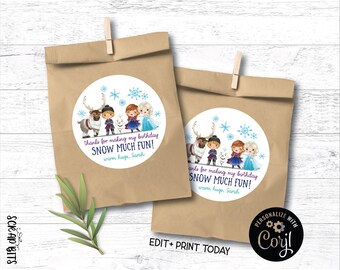 Printable Frozen Birthday Labels, Snow Much Fun, Personalized Party Favor Stickers for Treat Bags, Guest Gifts, Editable with Corjl