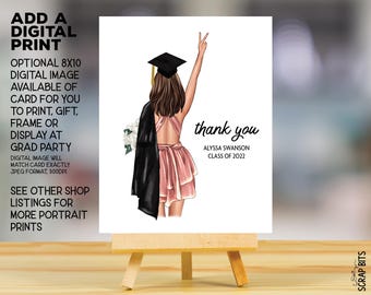 grad card printing Female Graduation Thank You Card, Peace Sign, Personalized Portrait Card
