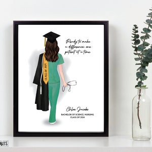 Impresión de retrato de graduación de enfermera, regalo personalizado para estudiantes de enfermería, uniformes médicos, fiesta de graduación, descarga digital personalizada
