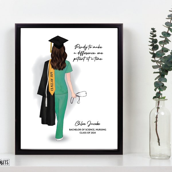 Personalized Nurse Graduation Print, Nursing School Graduation Gift, Medical Scrubs Graduation Portrait Print, Female Nurse Graduation Card