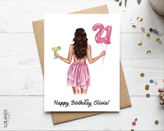 21st Birthday Card, Foil Number Balloons & Cocktail, Personalized Birthday Girl Card, Custom Milestone Card, A2 Size, Includes Envelope