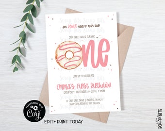 EDITABLE Donut Birthday Invitation, Pink Donut 1st Birthday Invitation, Printable First Birthday Invitation, ONE Invite . Editable Template