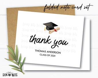Personalized Graduation Thank You Cards, Folded Note Card Set, Grad Cap + Diploma Thank You Note Cards, Graduation Stationery Set