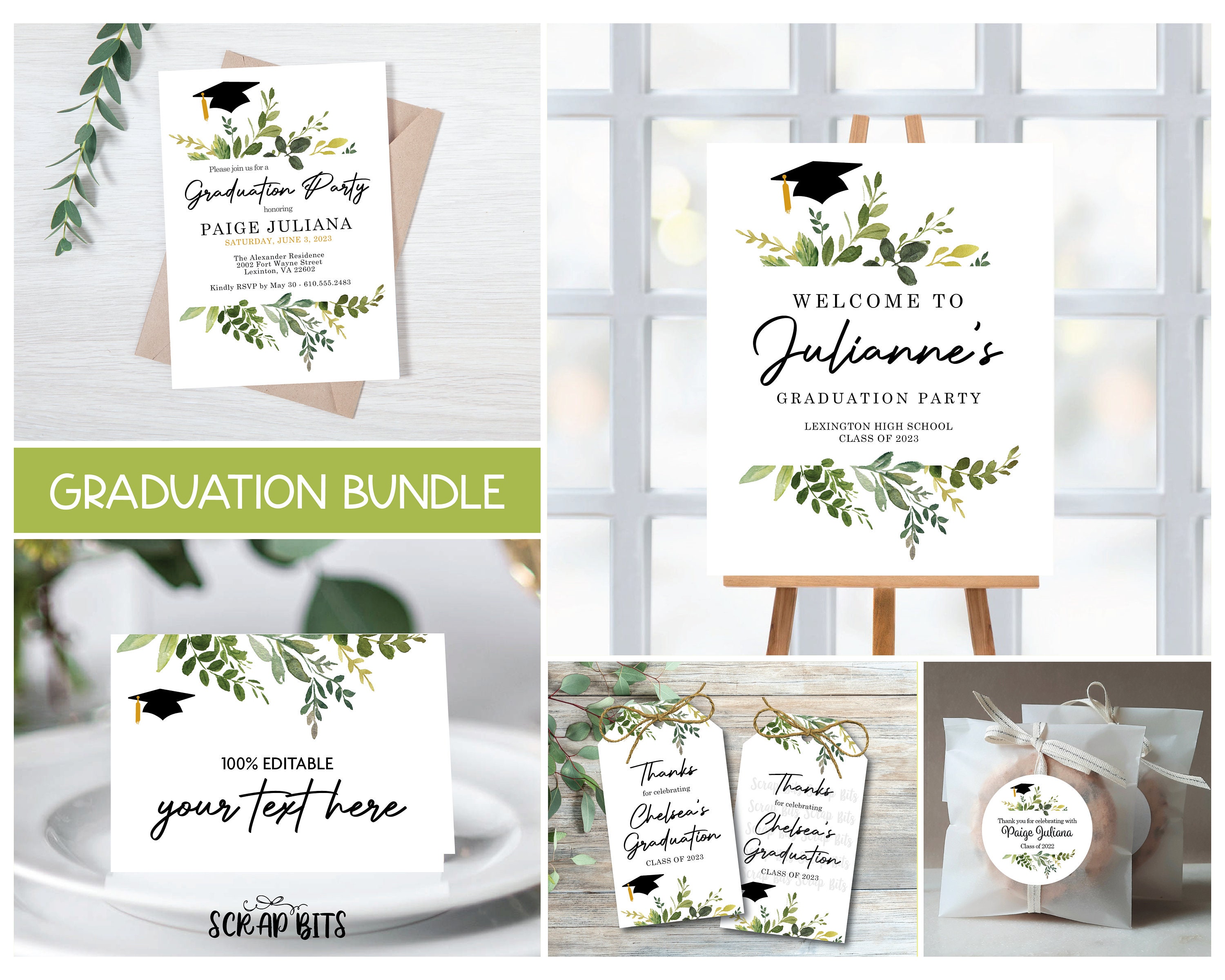 Graduation Invite Decals EDITABLE Graduation Bundle, Watercolor Greenery Printable Party Pack ...