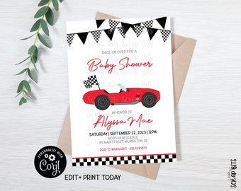 Racing Baby Shower Invitation, Minimal Racing Party Invitation, Bunting Flags & Red Race Car, Printable Racing Invite . Editable Template