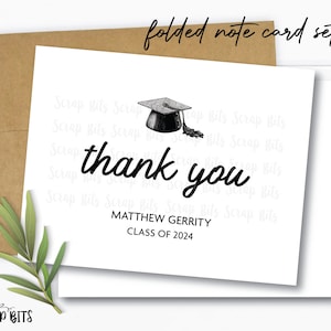 Bedankkaarten voor afstuderen, gevouwen kaartenset, Sketch Grad Cap bedankkaarten, set gepersonaliseerde briefpapier