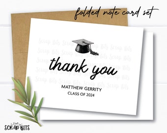 Personalized Graduation Thank You Cards, Folded Note Card Set, Sketch Grad Cap Thank You Note Cards, Graduation Stationery Set