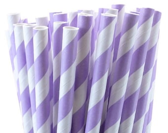 25 Lavender (light purple) Striped Paper Straws with Printable Party Flags PDF File
