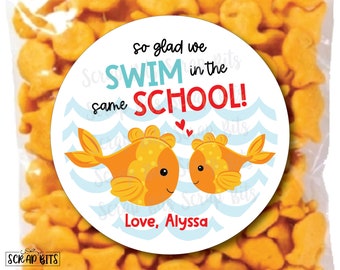 Valentine Stickers & Bags, So Glad We Swim In The Same School, Goldfish Valentines, Fish Valentine, Classroom Valentines, Clear Favor Bags