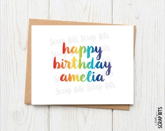 Personalized Happy Birthday Card, Brush Script Ombre, Rainbow Watercolor Effect
