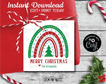 EDITABLE Printable Christmas Tags, Christmas Tree Rainbow Tags, Personalized Printable Christmas Gift Tags