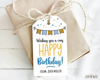 Happy Birthday Gift Tags, Blue Doodle Bunting, Personalized Gift Giving Labels, Printed & Shipped, Qty 10