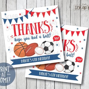 Etichette per feste sportive modificabili, Etichette di compleanno "Spero ti sia divertito/a", Etichette di ringraziamento sportive stampabili, Etichette personalizzate per bomboniere di compleanno a tema sportivo immagine 2