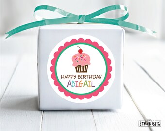 Birthday Cupcake Stickers . Happy Birthday Stickers . Personalized Favor Stickers or Tags . 3 Sizes