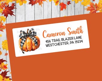 Personalized Pumpkin Return Address Labels, Buffalo Plaid Ribbon