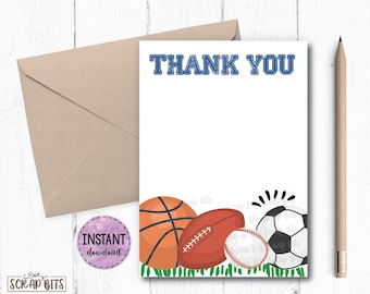 Sports Thank You Cards, Printable Sports Note Cards, Sports Thank You Cards, Sports Thank You Cards . Instant Download