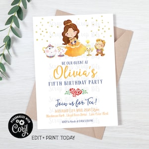 EDITABLE Birthday Invitation, Belle & Friends Invitation, Printable Princess Tea Party Invitation, Belle Birthday Editable Invitation
