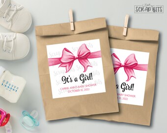 EDITABLE Baby Shower Tags, It's A Girl Tags, Pink Ribbon & Bow Tags, Personalized Printable Baby Shower Favor Tags