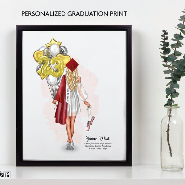 Personalized Dancer Graduation Print, Ballerina Graduation Gift for Her, Balloons, Personalized Digital Portrait Print, Printable Graduation